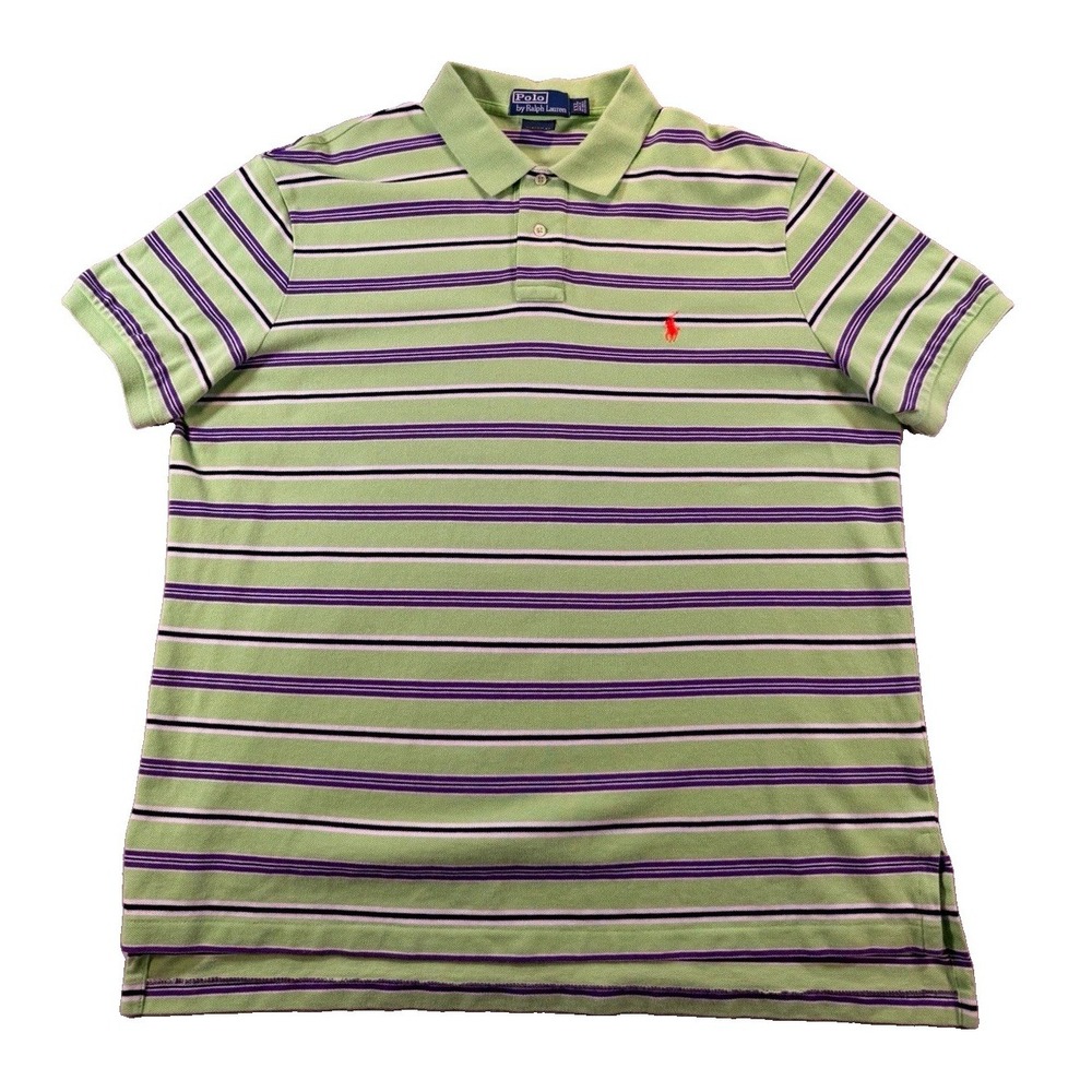 Polo Ralph Lauren Men 2XL Custom Fit Striped Polo Green Purple Cotton Logo